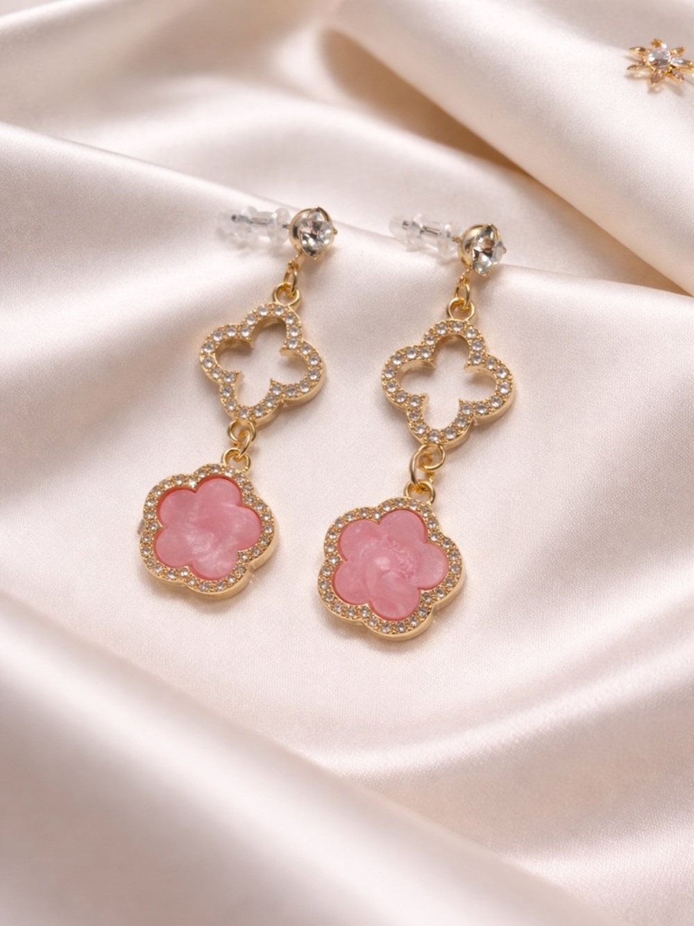 Gold & Pink Clover Drop Earrings